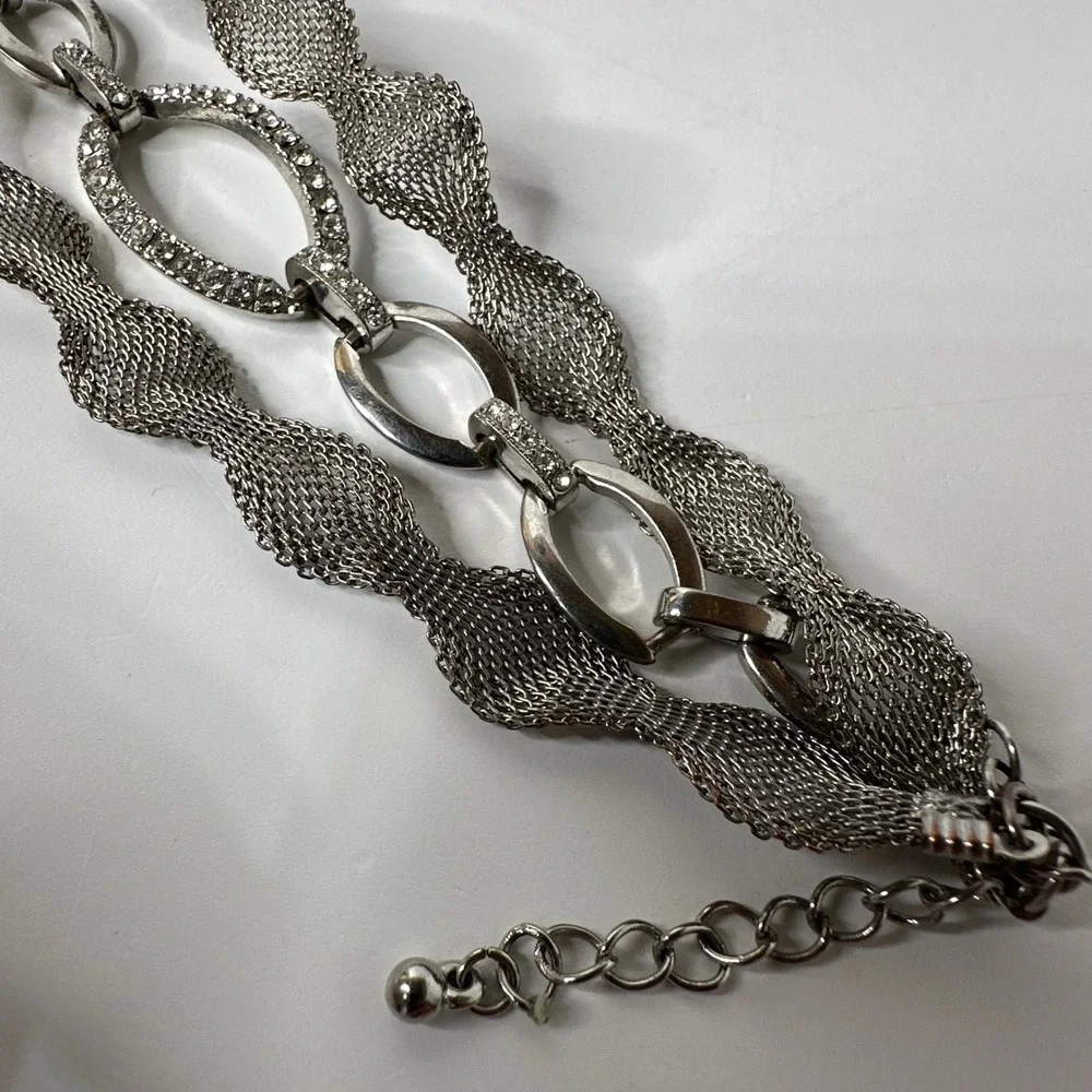 Layered Silver Tone Mesh Bracelet Multi‎ Strand Rhinestone Oval Statement Event